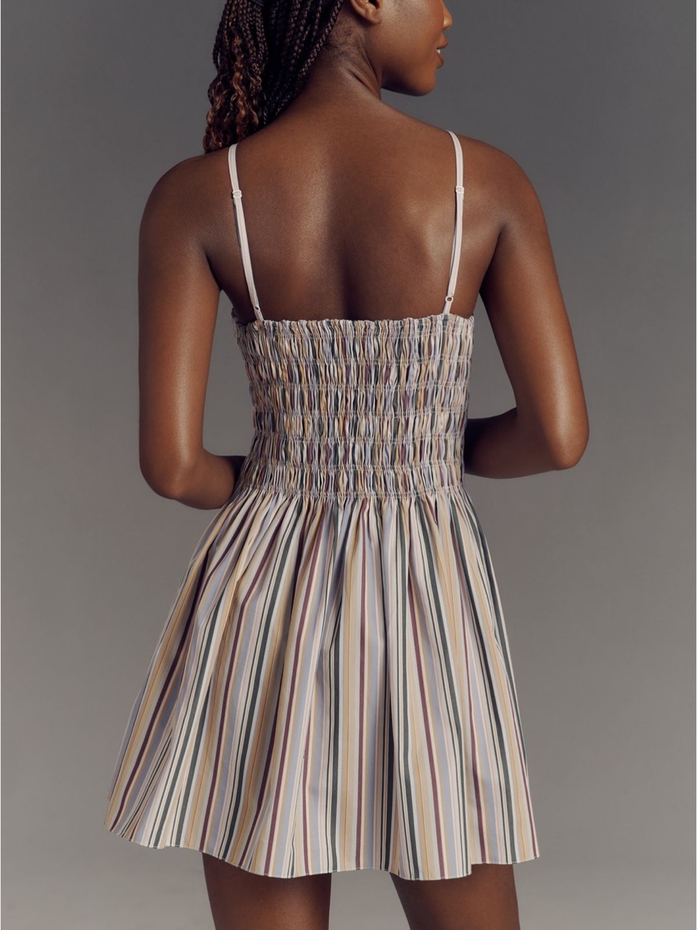 Faithfull the Brand Laia Sleeveless High-Neck Smocked Mini Dress – Sifnos Stripe - Picture 2 of 4